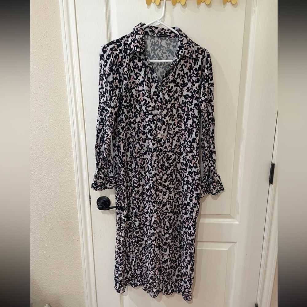 Zara Black and Pink Leopard Print Long Sleeve Dress Size Small